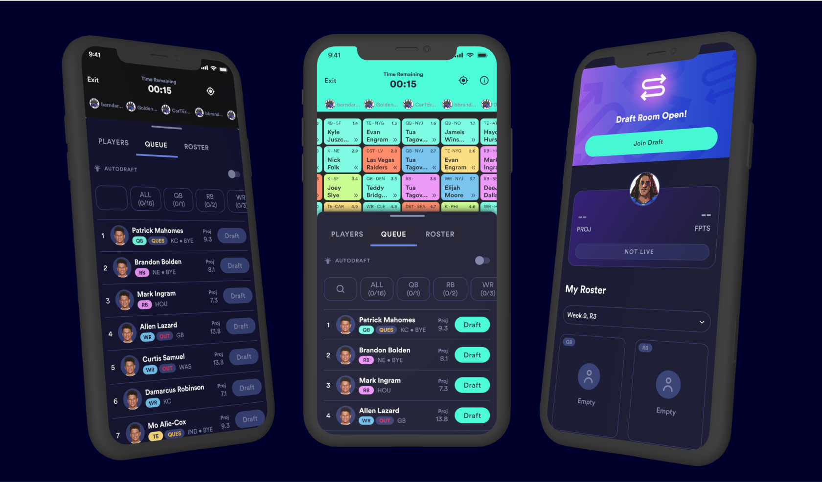 Draft NFL players for Sunday, redraft weekly for points. Free or cash play, accompanied by stylish draft board and social chat.
